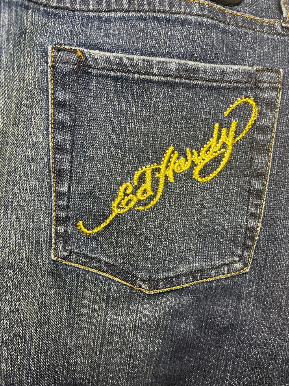 Ed Hardy Blue Denim Mini Skirt Love Kills Slowly Red Heart Skull Embroidery